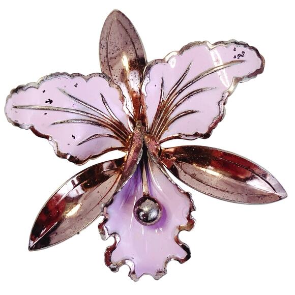 Vintage Large Enamel Tropical Flower Brooch Mid Century Purple Metal Orchid Pin - Picture 1 of 10